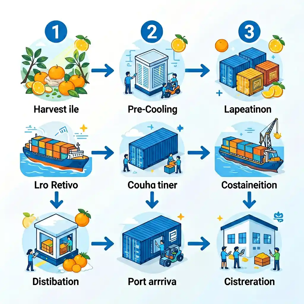 Cold chain process for citrus export from harvest to delivery