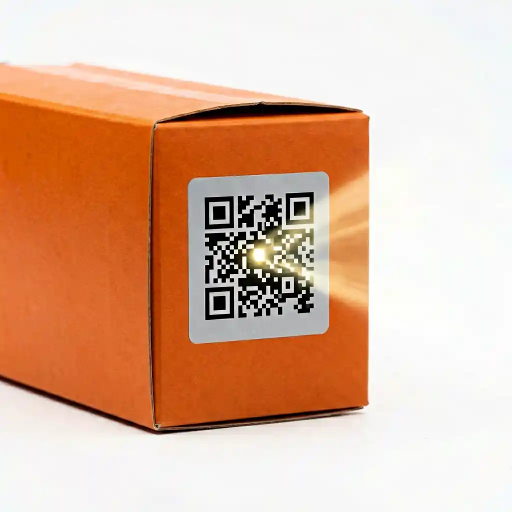 Orange carton with QR code traceability label for supply chain tracking